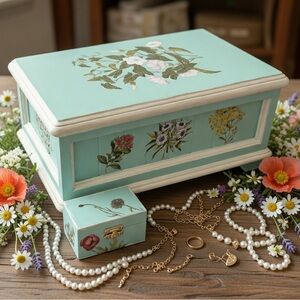 Mint Green Chalk Painted Upcycled Vintage Jewelry + Bonus Tiny Trinket Box